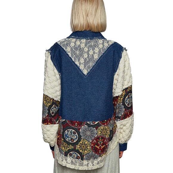NWT POL Women’s Boho Balloon Sleeve Denim Patchwork Thermal Jacket - Picture 3 of 3